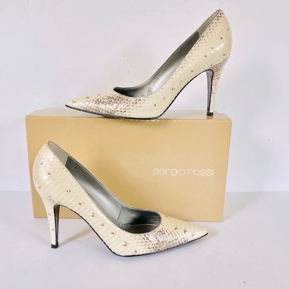 Sergio Rossi cream off white gray snakeskin heels 38